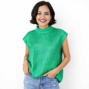 She + Sky Green Metallic Sheen Chunky Knit Sweater Vest Mock Neck Boho Cottage M